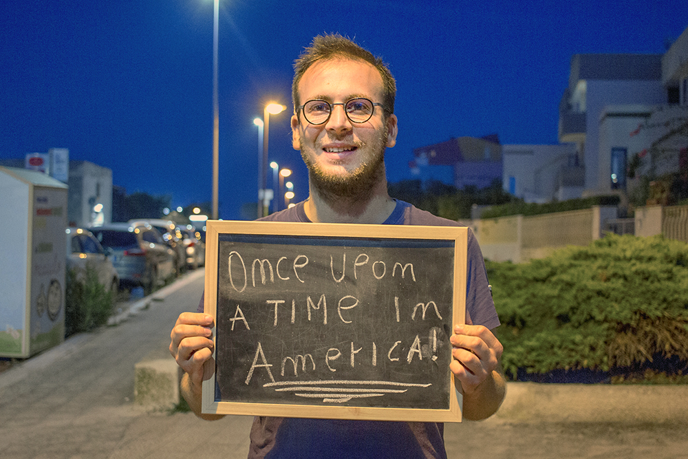 Portrait from Film People Project, Monopoli. Alberto holding a board with his favorite film: Once Upon a Time in America